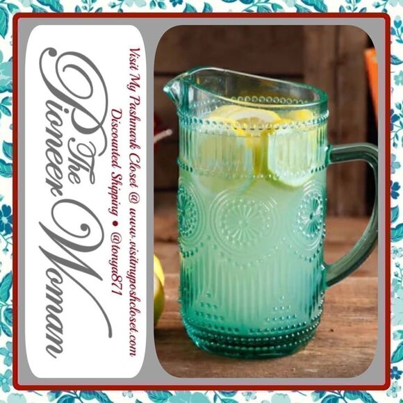 🦋 New Pioneer Woman Adeline Turquoise Blue Glass 54 oz Water Pitcher - Picture 6 of 12